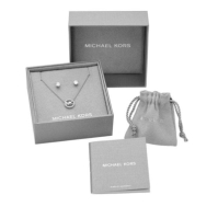 Michael Kors 14k Gold Plated Pave Logo Charm Necklace and Stud Earring Set