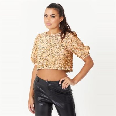 Be You Crop Sequin Balloon Sleeve Top