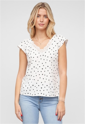 Crepe Top mit Spitzen-Details und Herzchen Print