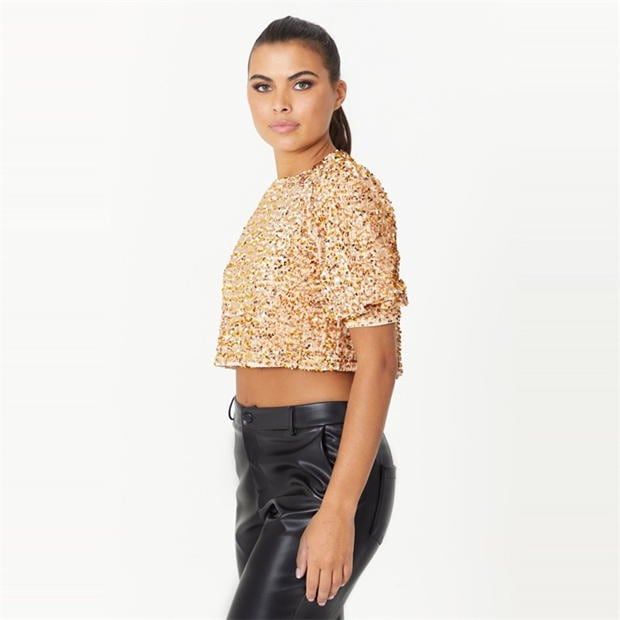 Be You Crop Sequin Balloon Sleeve Top