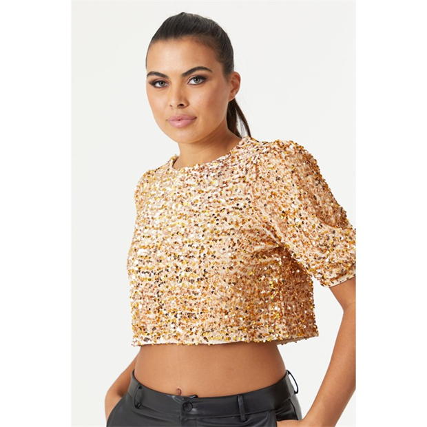 Be You Crop Sequin Balloon Sleeve Top