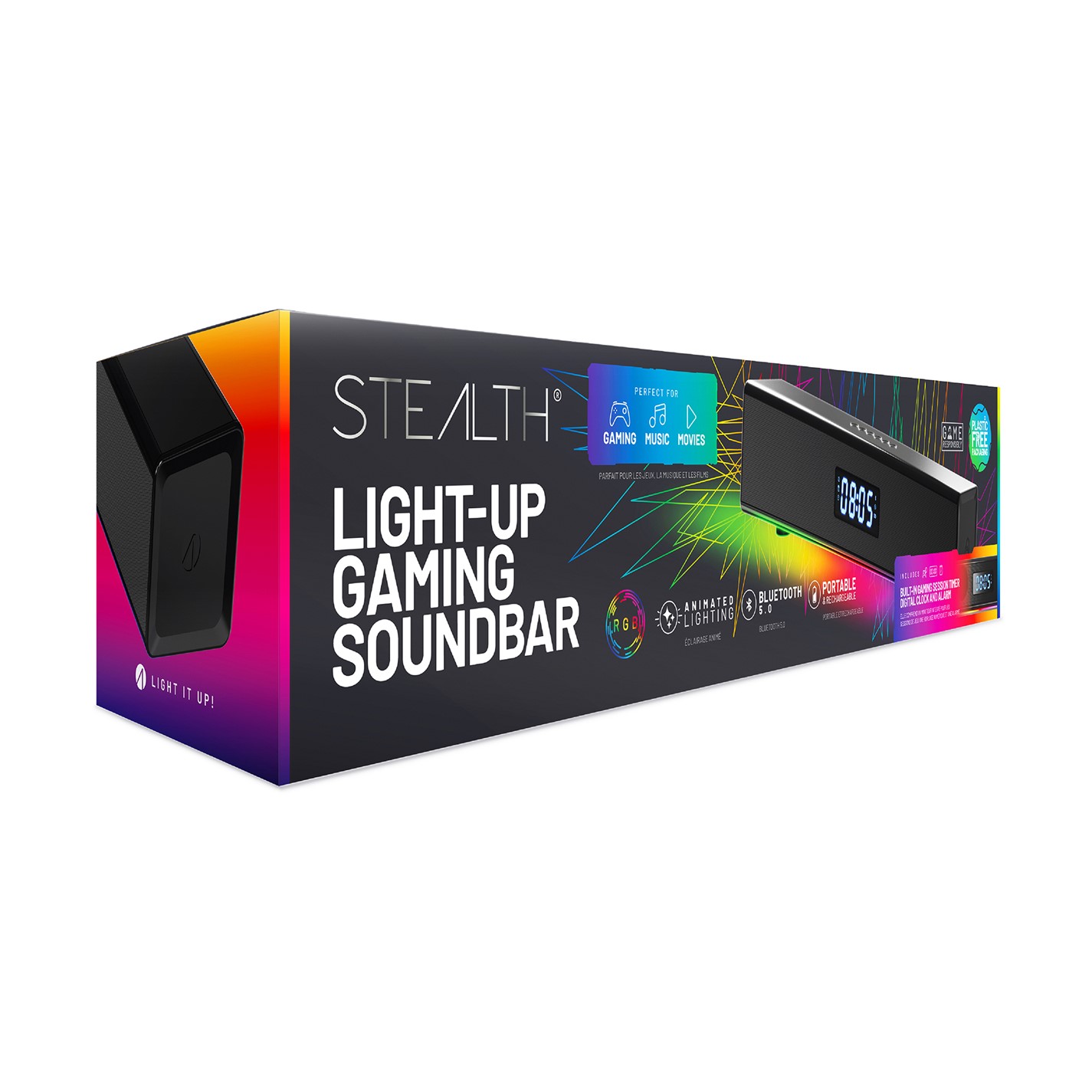 Stealth LED Light-Up Rechargeable Portable Soundbar for Gaming Music and Movies