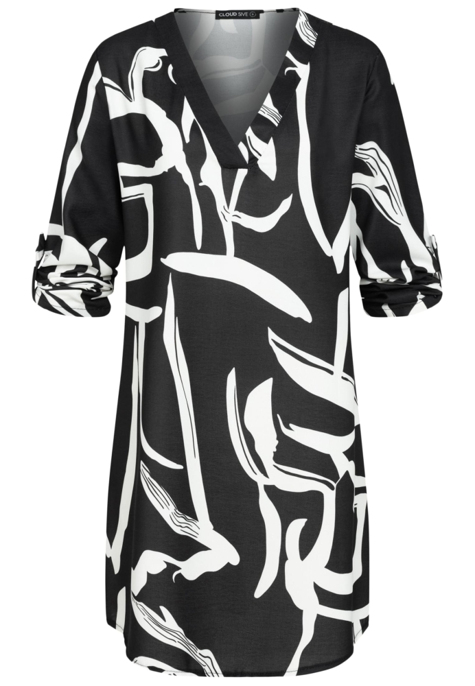 Cloud5ive Damen Kleid mit Turn-Up-?rmeln und V-Neck All Over Grafik Print