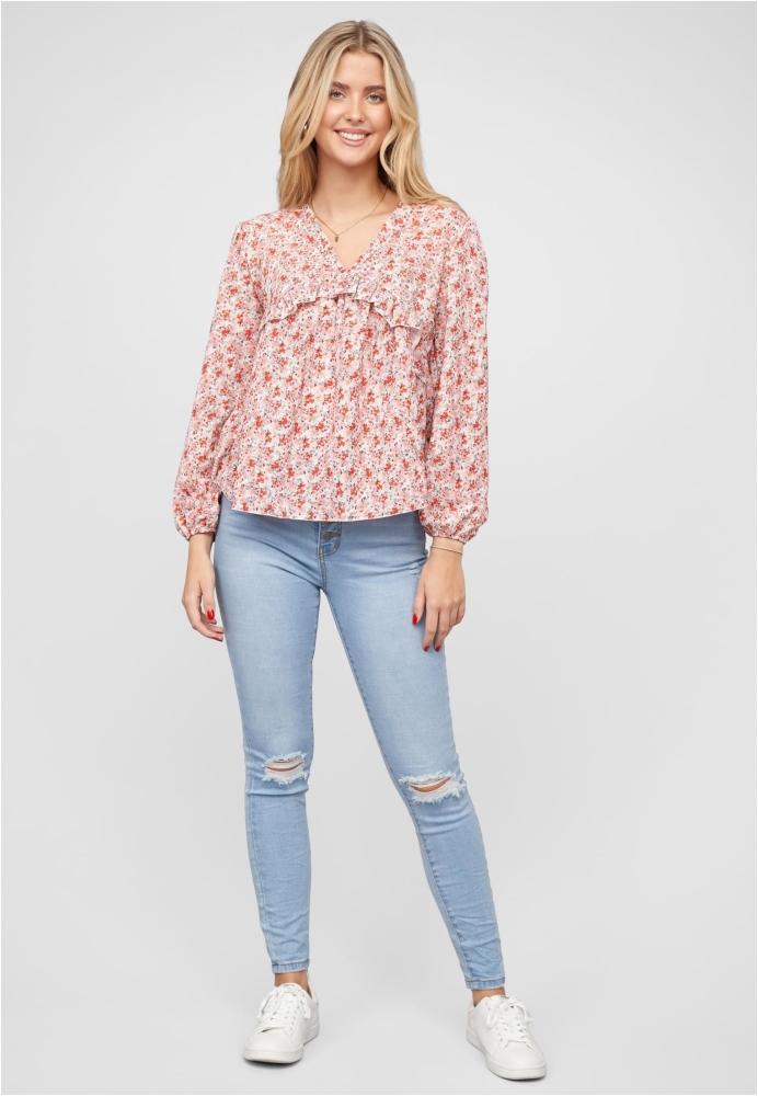 V-Neck Bluse mit Rschendetails und Blumen Print Cloud5ive