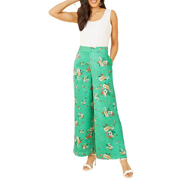 Pantalon Combat Yumi Yumi Green Floral Satin Wide Leg