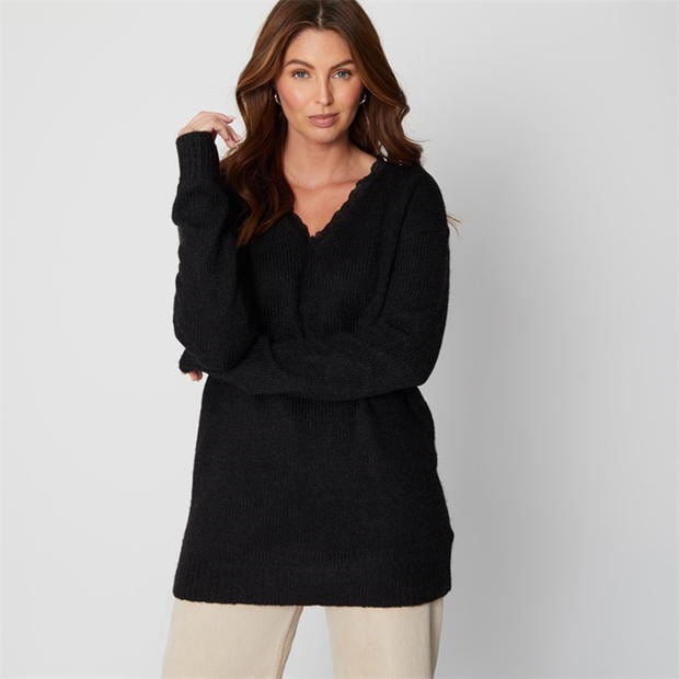 Be You Trim Brushed V Neck Black Jumper