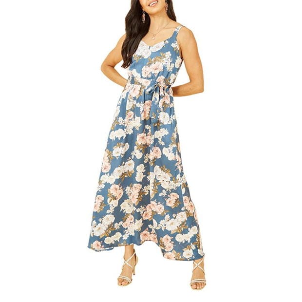 Rochie Mela London Mela London Blue Satin Floral Print Maxi