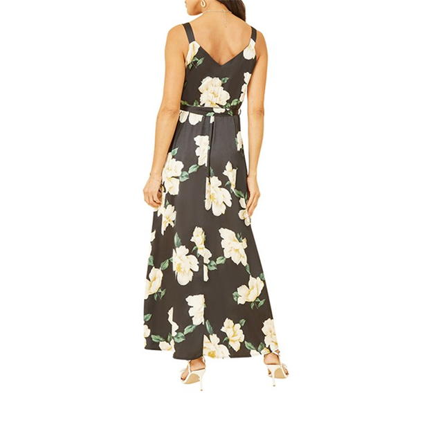 Rochie Mela London Mela London Black Satin Floral Print Maxi