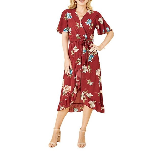 Rochie Mela London Mela London Red Floral Dip Hem Wrap Midi