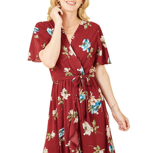 Rochie Mela London Mela London Red Floral Dip Hem Wrap Midi