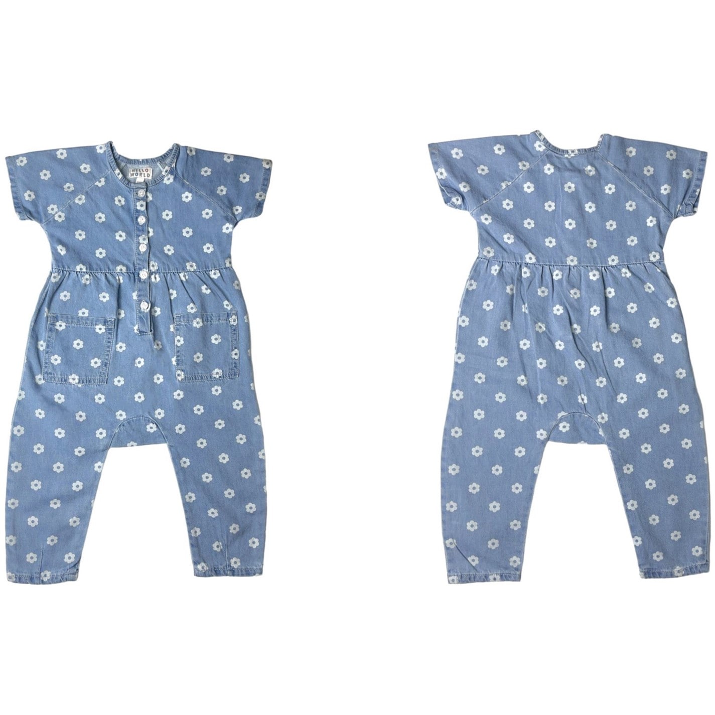 Hello World Floral Denim Romper Blue bebelus fetita