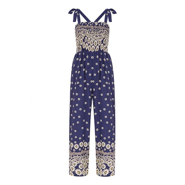 Mela London Mela London Navy Daisy Border Shirred Tie Jumpsuit