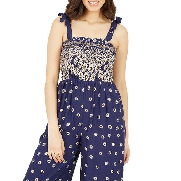 Mela London Mela London Navy Daisy Border Shirred Tie Jumpsuit