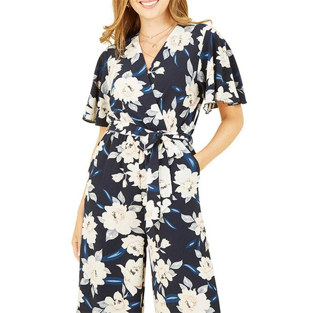 Mela London Mela London Navy Floral Jumpsuit With Angel Sleeves