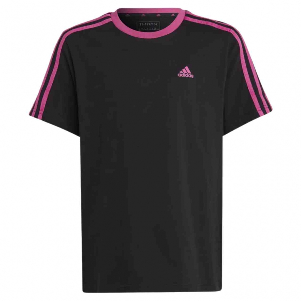 Tricou Koszulka dla dzieci adidas Essentials 3-Stripes Cotton Loose Fit Boyfriend czarno-rozowa IC3640