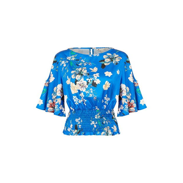 Yumi Yumi Blue Floral Satin Top With Angel Sleeves