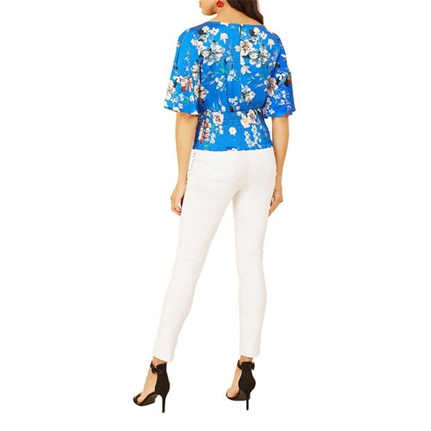 Yumi Yumi Blue Floral Satin Top With Angel Sleeves