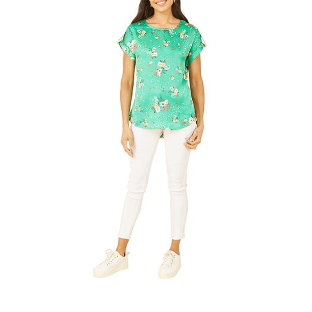 Yumi Yumi Green Satin Floral Relaxed Fit Top