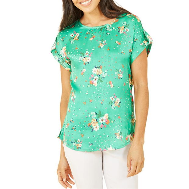 Yumi Yumi Green Satin Floral Relaxed Fit Top