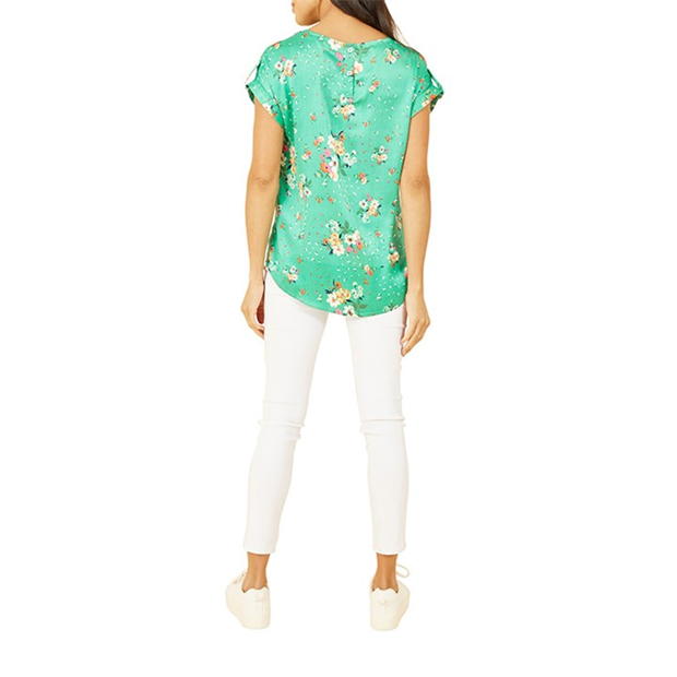 Yumi Yumi Green Satin Floral Relaxed Fit Top